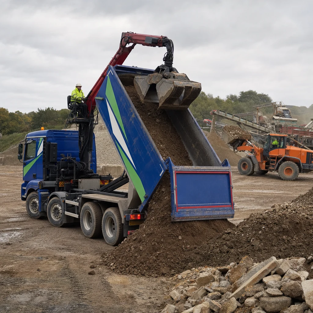 Grab lorry unloading excavation spoil at a processing yard.