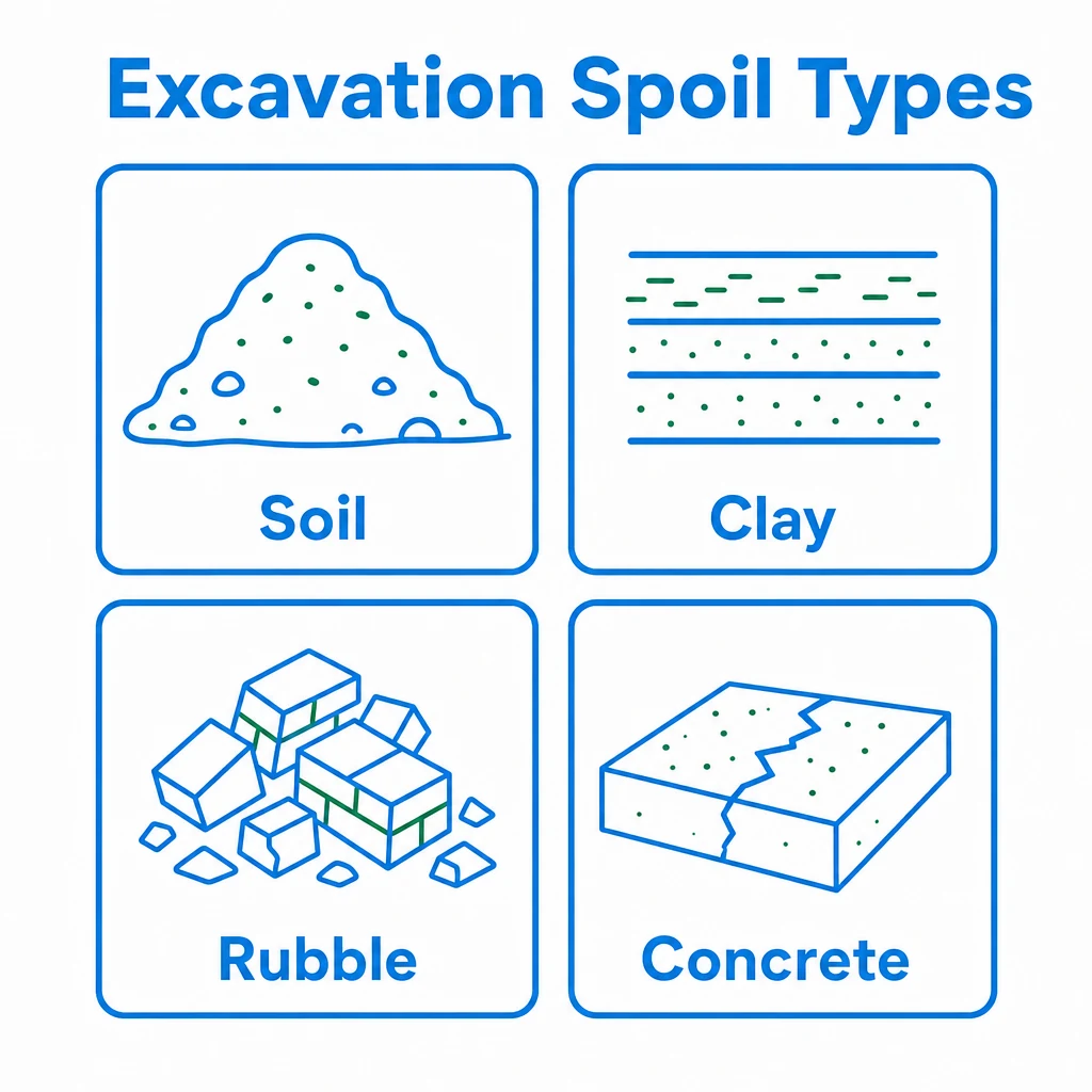 Graphic showing soil, clay, rubble and concrete as excavation spoil types.
