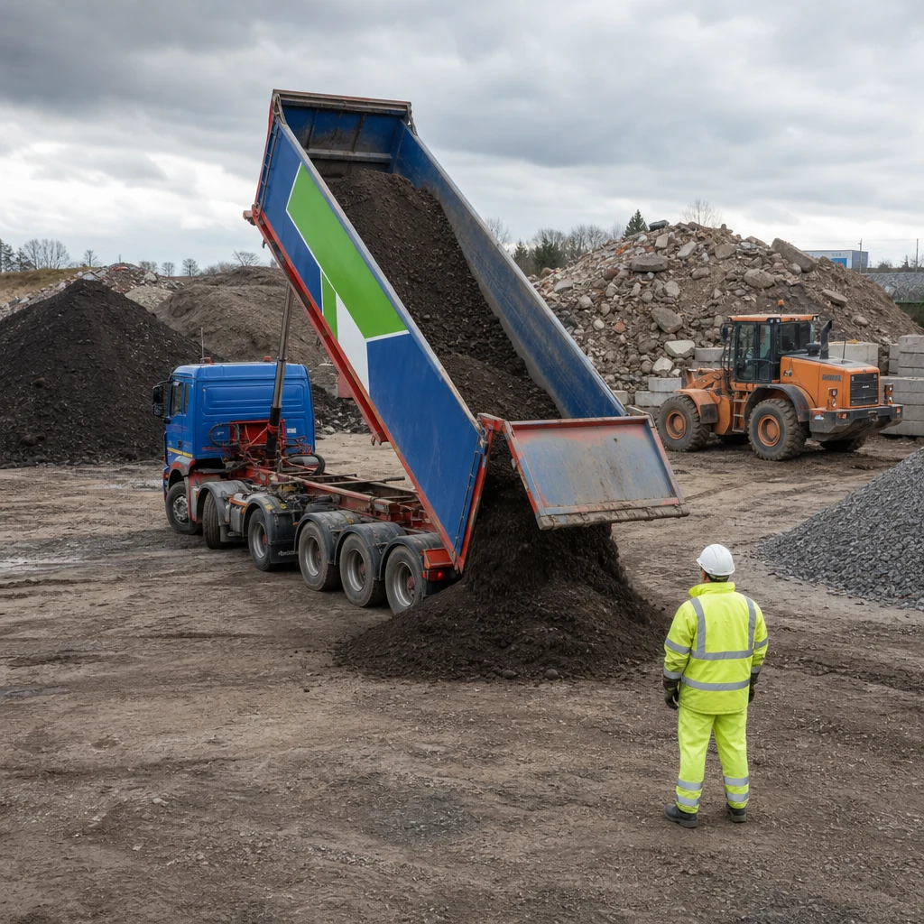 Spoil being tipped and separated into material piles at a recycling yard.