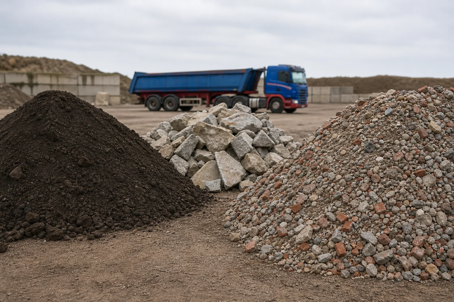Separated piles of soil rubble and hardcore in a recycling yard.
