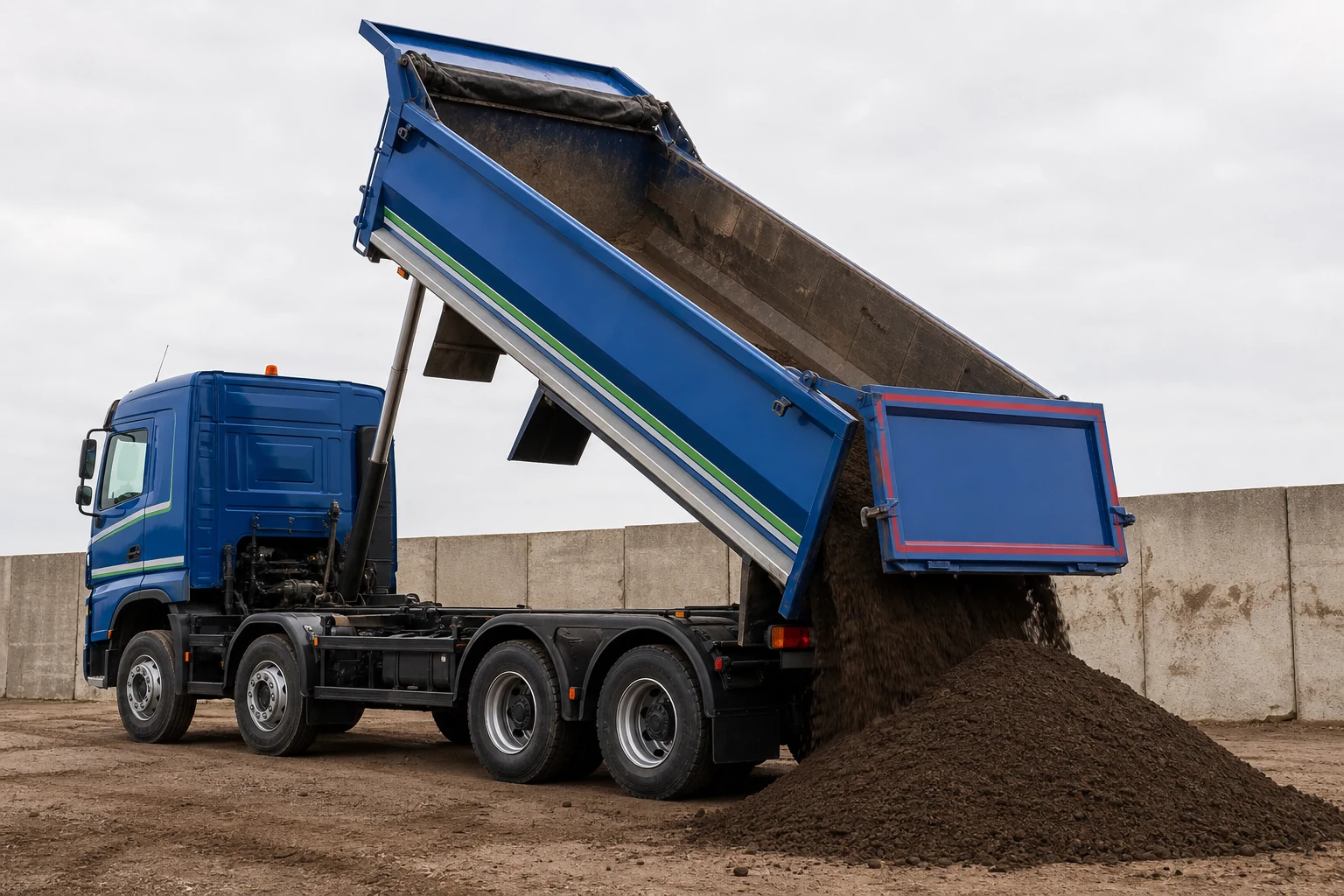 Tipper lorry unloading soil directly into a neat pile.